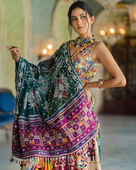 Navratri Special Yellow Butter Silk Multi Printed Lehenga Choli With Green Dupatta