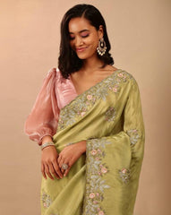 Exclusive Green Chinon Silk With Fancy Embroidery Thread Work Saree