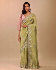 Exclusive Green Chinon Silk With Fancy Embroidery Thread Work Saree