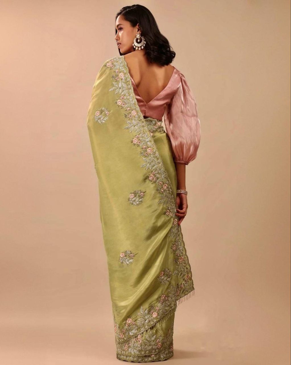 Exclusive Green Chinon Silk With Fancy Embroidery Thread Work Saree