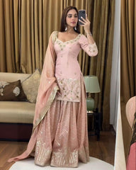 Beautiful Baby Pink Pure Georgette With Sequence Work Sharara Suit With Dupatta