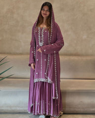 Elegant Purple Pure Georgette With Fancy Embroidery Thread Work Sharara Suit With Dupatta