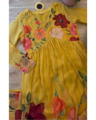 Beautiful Yellow Maslin Silk With Digital Print With Hand Work Anarkali Suit With Dupatta