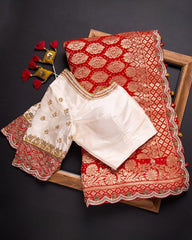 Gorgeous Red Vichitra Silk Bandhani Print Embroidery Work Saree With Blouse