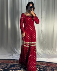 Gorgeous Maroon Pure Georgette With Sequence Work Gharara Suit With Dupatta