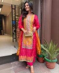 Gorgeous Pink Chinon Silk With Digital Print Plazo Suit With Dupatta