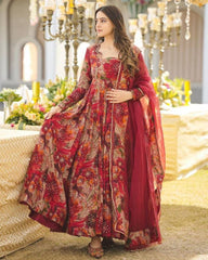 Gorgeous Heavy Rayon With Digital Print With Fancy Lace Work Gown Suit With Dupatta