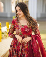 Gorgeous Heavy Rayon With Digital Print With Fancy Lace Work Gown Suit With Dupatta