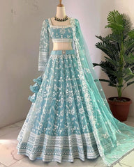 Exclusive Sky Blue Premium Net With Embroidery Work Lehenga Choli With Dupatta