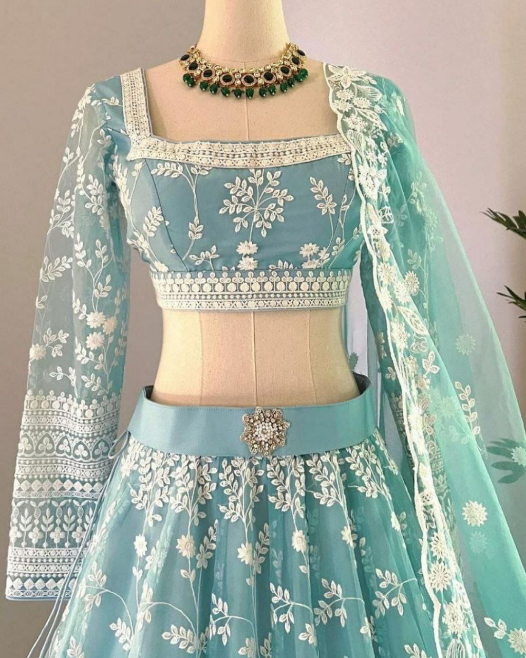 Exclusive Sky Blue Premium Net With Embroidery Work Lehenga Choli With Dupatta