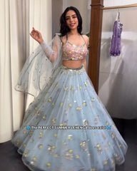 Adorable Sky Blue Butterfly Net With Fancy Sequence Work Lehenga Choli With Dupatta