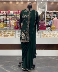 Exclusive Dark Green Pure Georgette Sequence Work Saree With Jacket Blouse