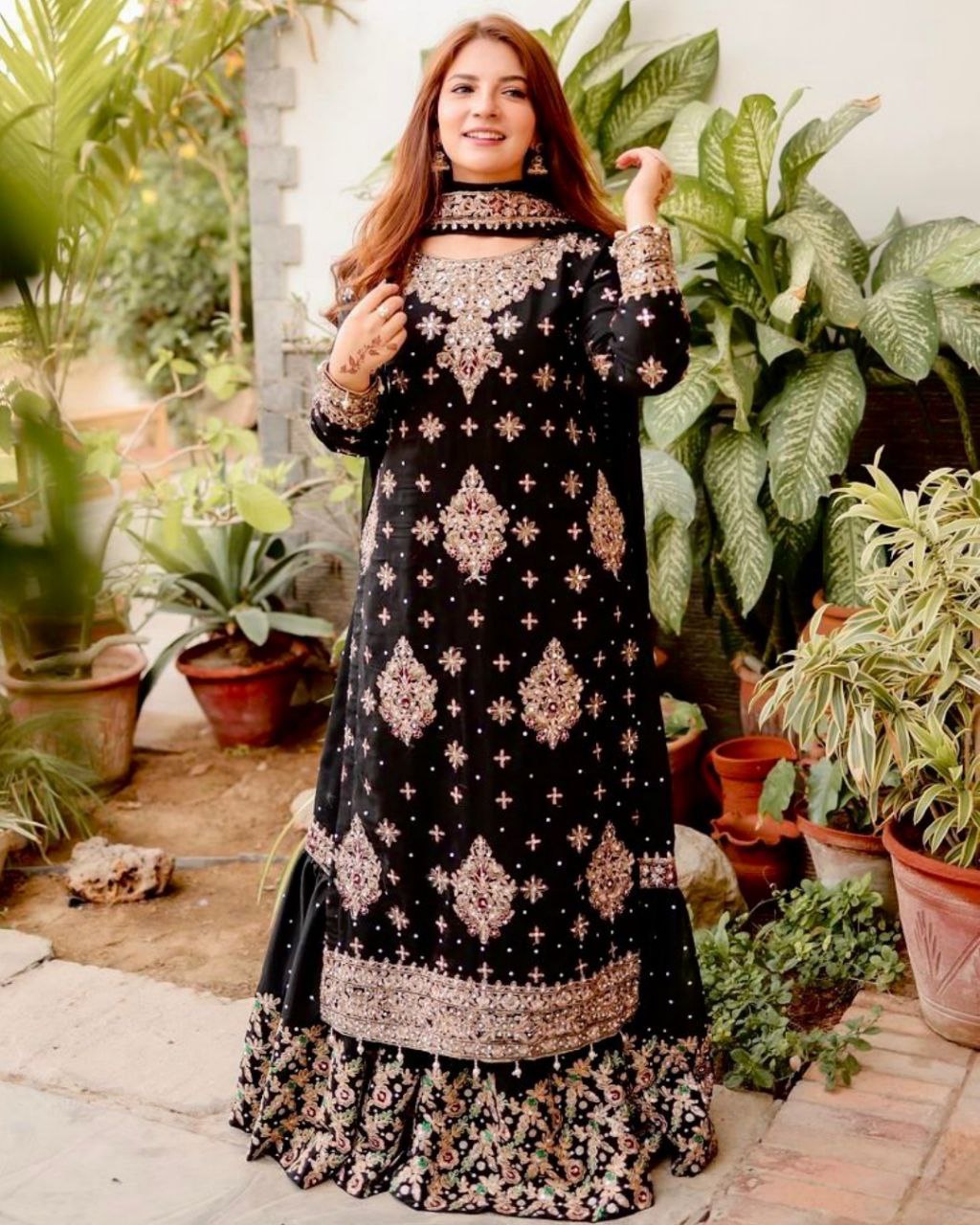 Gorgeous Black Pure Georgette With Zari Embroidery Thread Work Gharara Suit With Dupatta