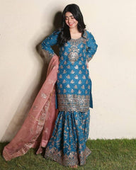 Beautiful Sky Blue Chinon Silk With Fancy Embroidery Thread Work Gharara Suit With Dupatta