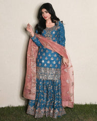 Beautiful Sky Blue Chinon Silk With Fancy Embroidery Thread Work Gharara Suit With Dupatta