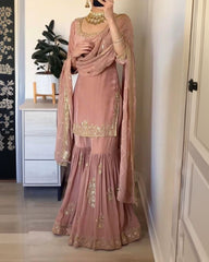 Gorgeous Biscuit Peach Pure Georgette Embroidery Work Pakistani Suit With Dupatta