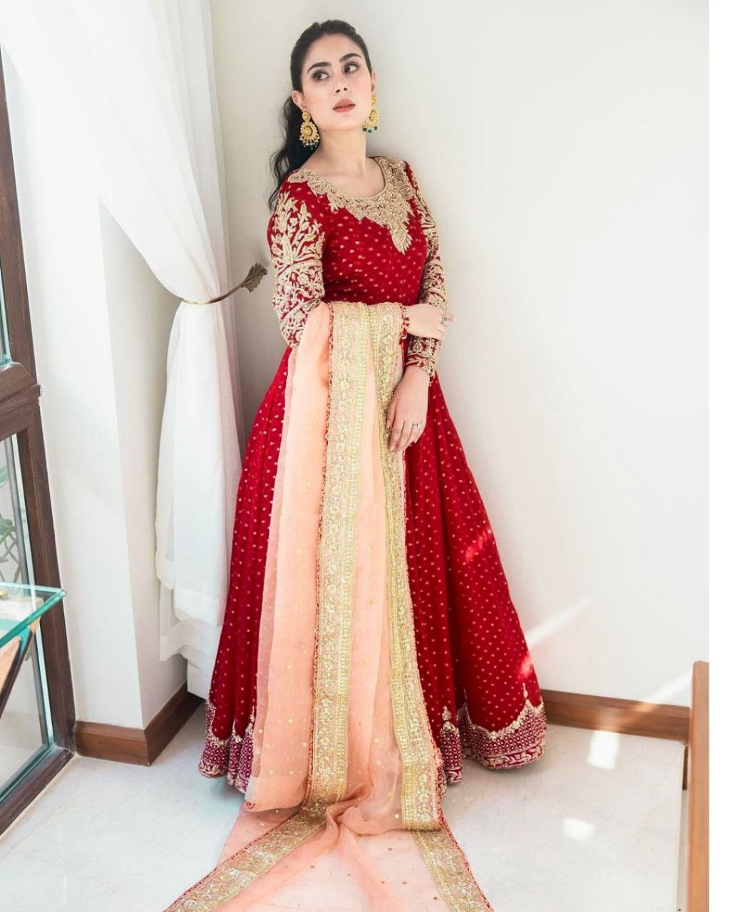 Exclusive Red Pure Georgette With Fancy Embroidery Thread Work Gown Suit With Dupatta