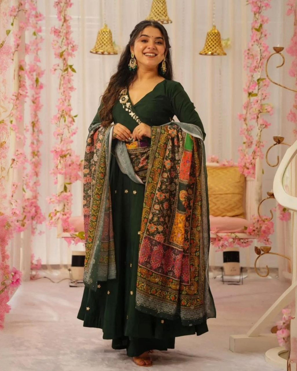 Beautiful Green Chinon Silk With Fancy Embroidery Thread Work Anarkali Suit With Dupatta