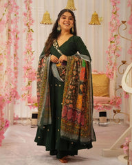 Beautiful Green Chinon Silk With Fancy Embroidery Thread Work Anarkali Suit With Dupatta