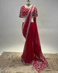 Adorable Red Jimmy Choo Silk With Fancy Embroidery Thread Work Saree