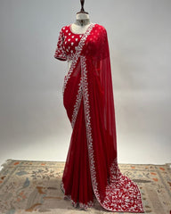 Adorable Red Jimmy Choo Silk With Fancy Embroidery Thread Work Saree