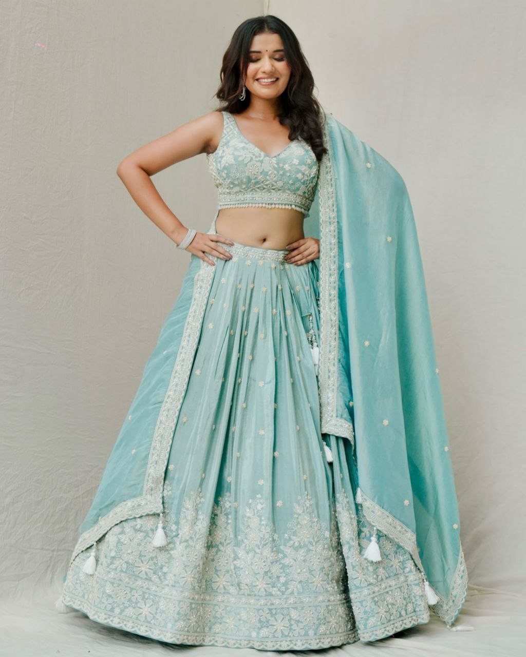 Exclusive Aqua Blue Roman Silk With Fancy Sequence Work Lehenga Choli  With Dupatta