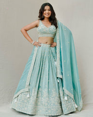 Exclusive Aqua Blue Roman Silk With Fancy Sequence Work Lehenga Choli  With Dupatta