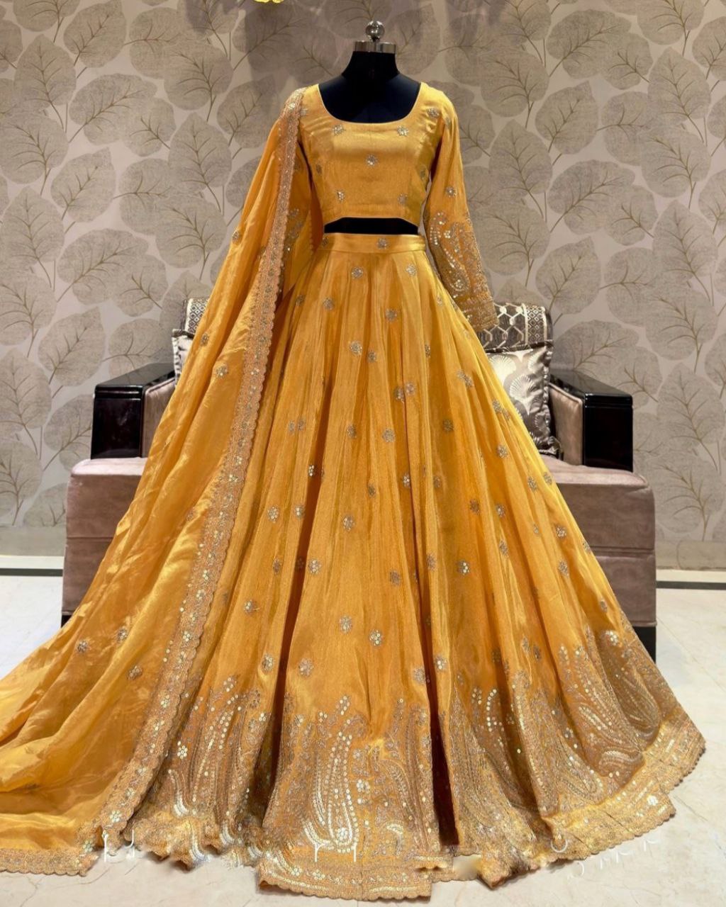 Adorable Yellow Chinon Silk With Embroidery Work Lehenga Choli With Dupatta