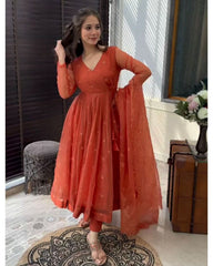 Beautiful Orange Pure Georgette With Fancy Embroidery Thread Work Anarkali Suit With Dupatta