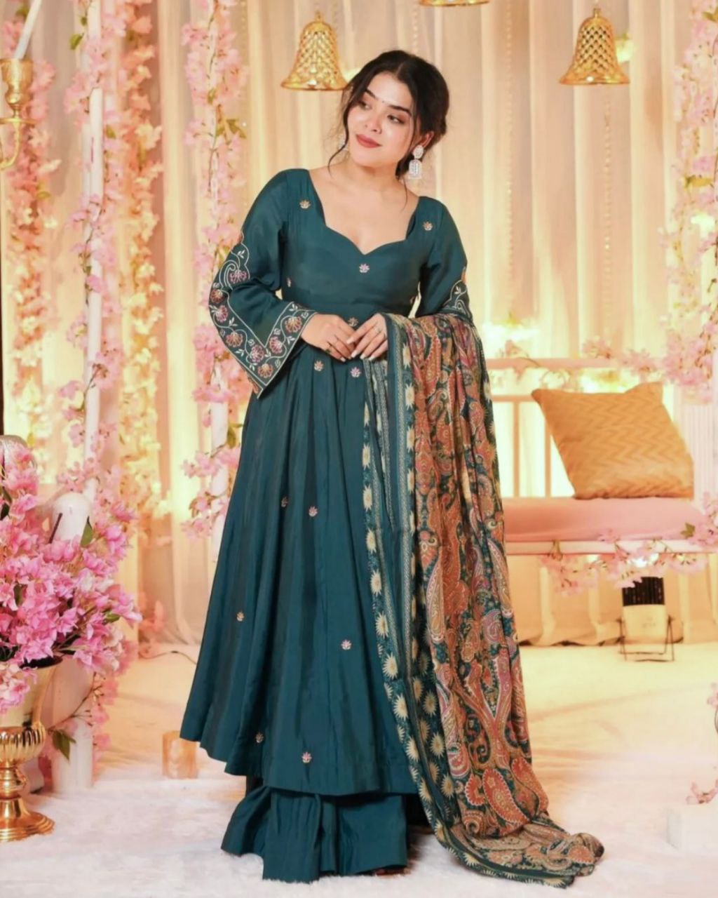 Adorable Blue Chinon Silk With Fancy Embroidery Thread Work Gown Suit With Dupatta