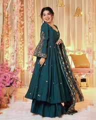 Adorable Blue Chinon Silk With Fancy Embroidery Thread Work Gown Suit With Dupatta