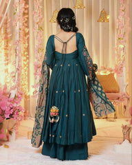 Adorable Blue Chinon Silk With Fancy Embroidery Thread Work Gown Suit With Dupatta