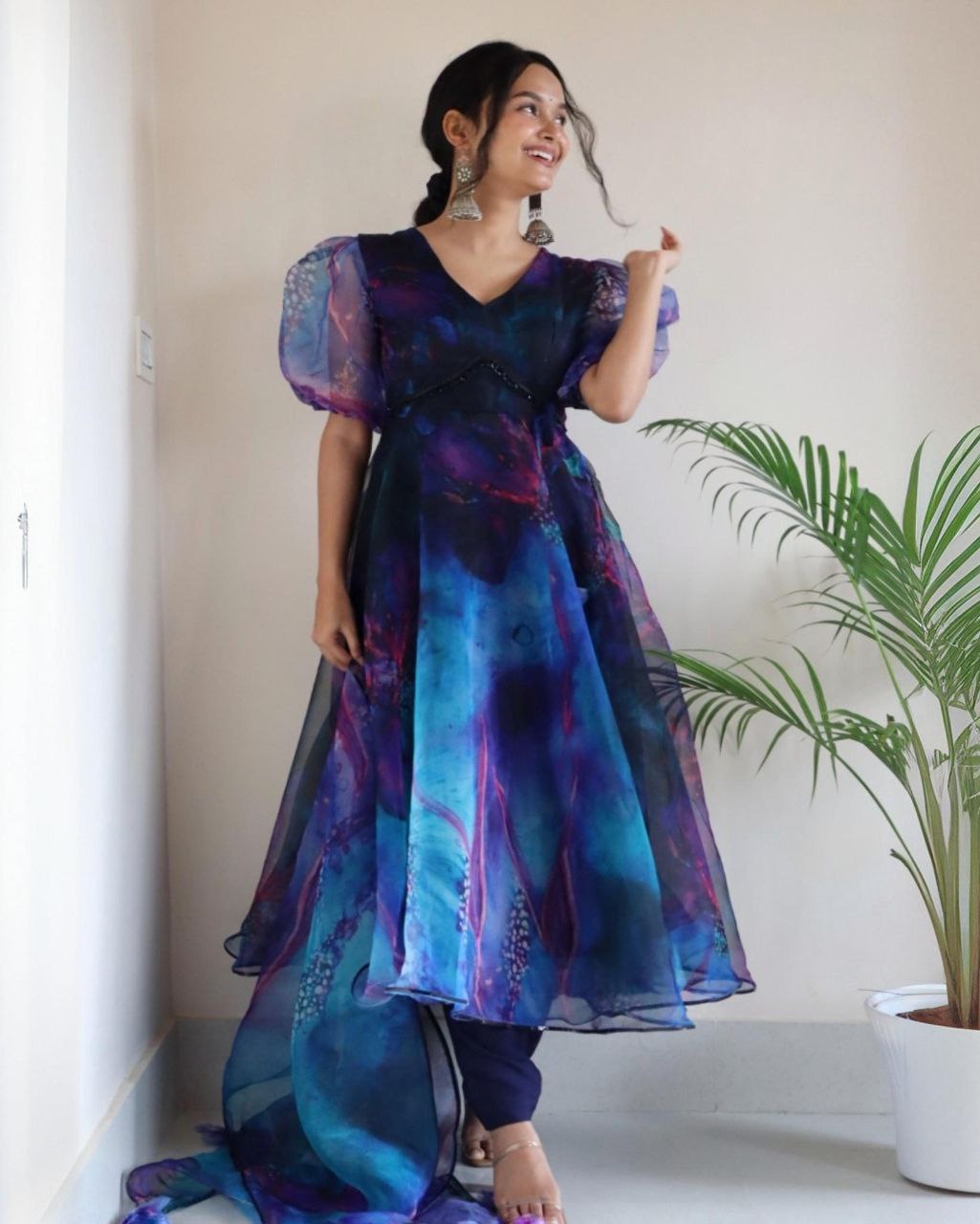 Exclusive Blue Organza Silk With Digital Print Anarkali Gown Suit With Dupatta