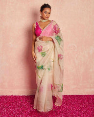 Gorgeous Pink Organza Silk With Floral Print Saree