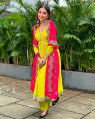 Beautiful Yellow Pure Georgette With Sequence Work Anarkali Suit With Dupatta