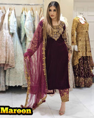 Exclusive Maroon Micro Velvet Embroidery Work Pakistani Suit With Dupatta