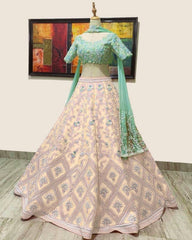 Exclusive Beige & Pista Georgette Embroidery Work Lehenga Choli With Dupatta