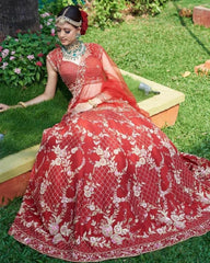 Exclusive Red Taffeta Silk Embroidery Work Lehenga Choli With Dupatta