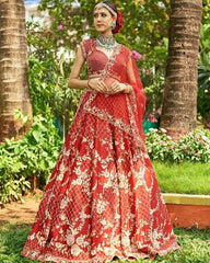 Exclusive Red Taffeta Silk Embroidery Work Lehenga Choli With Dupatta