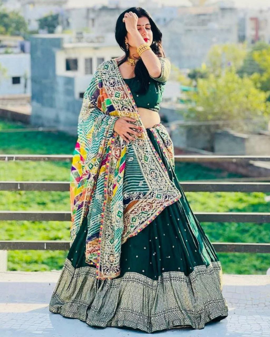 Exclusive Dark Green Georgette Embroidery Work Lehenga Choli With Dupatta