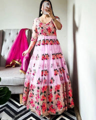 Exclusive Pink Georgette Embroidery Work Anarkali Gown With Dupatta