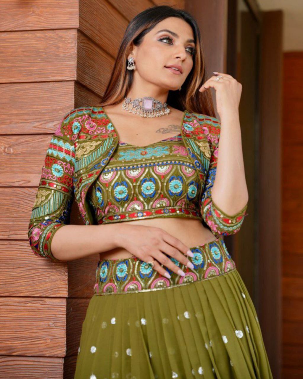 Exclusive Green Georgette Embroidery Lehenga Choli With Koti