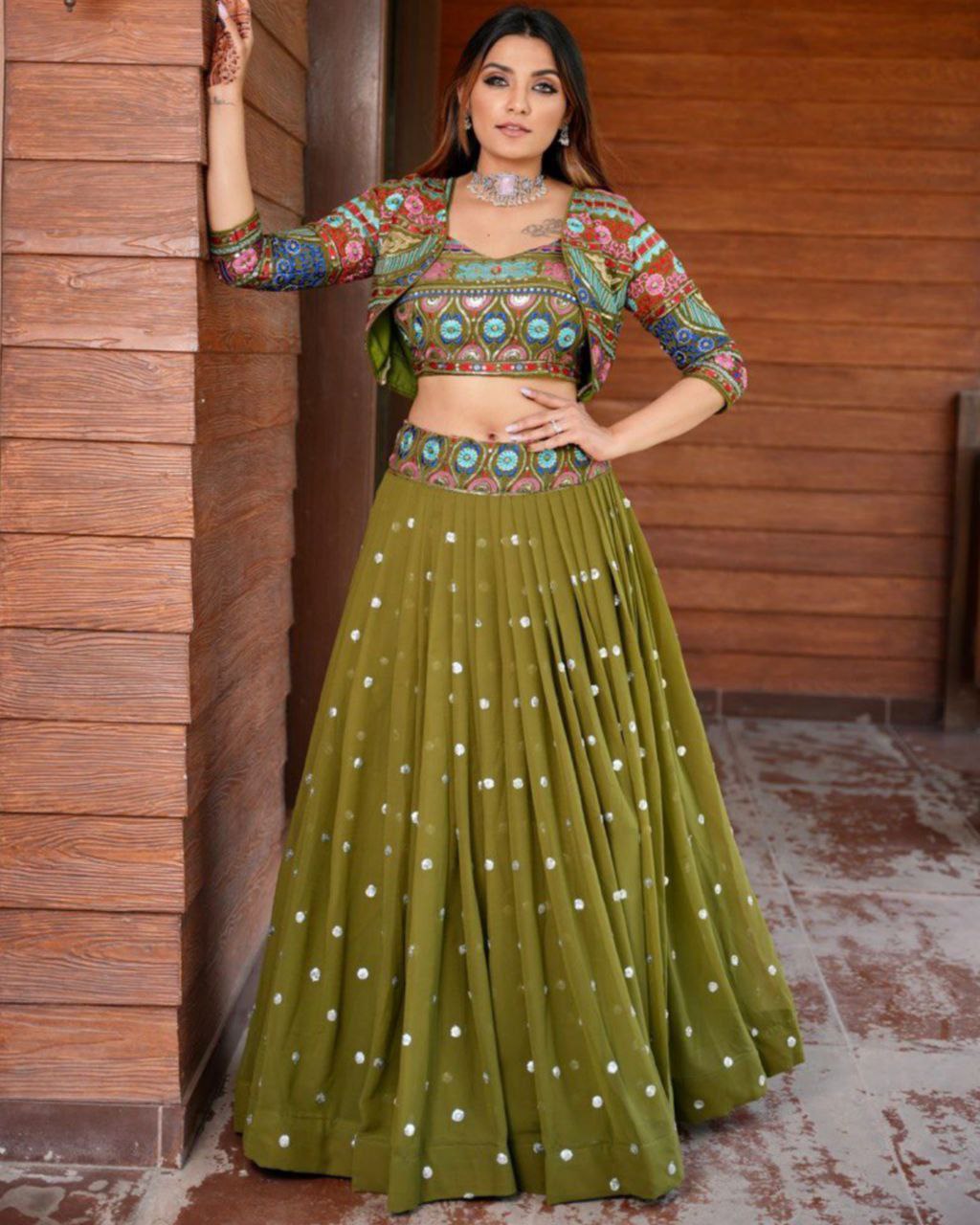 Exclusive Green Georgette Embroidery Lehenga Choli With Koti