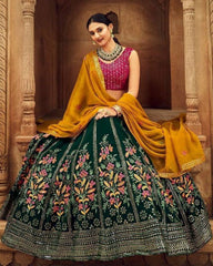 Exclusive Green Georgette With Fancy Embroidery Work Lehenga Choli With Yellow Dupatta