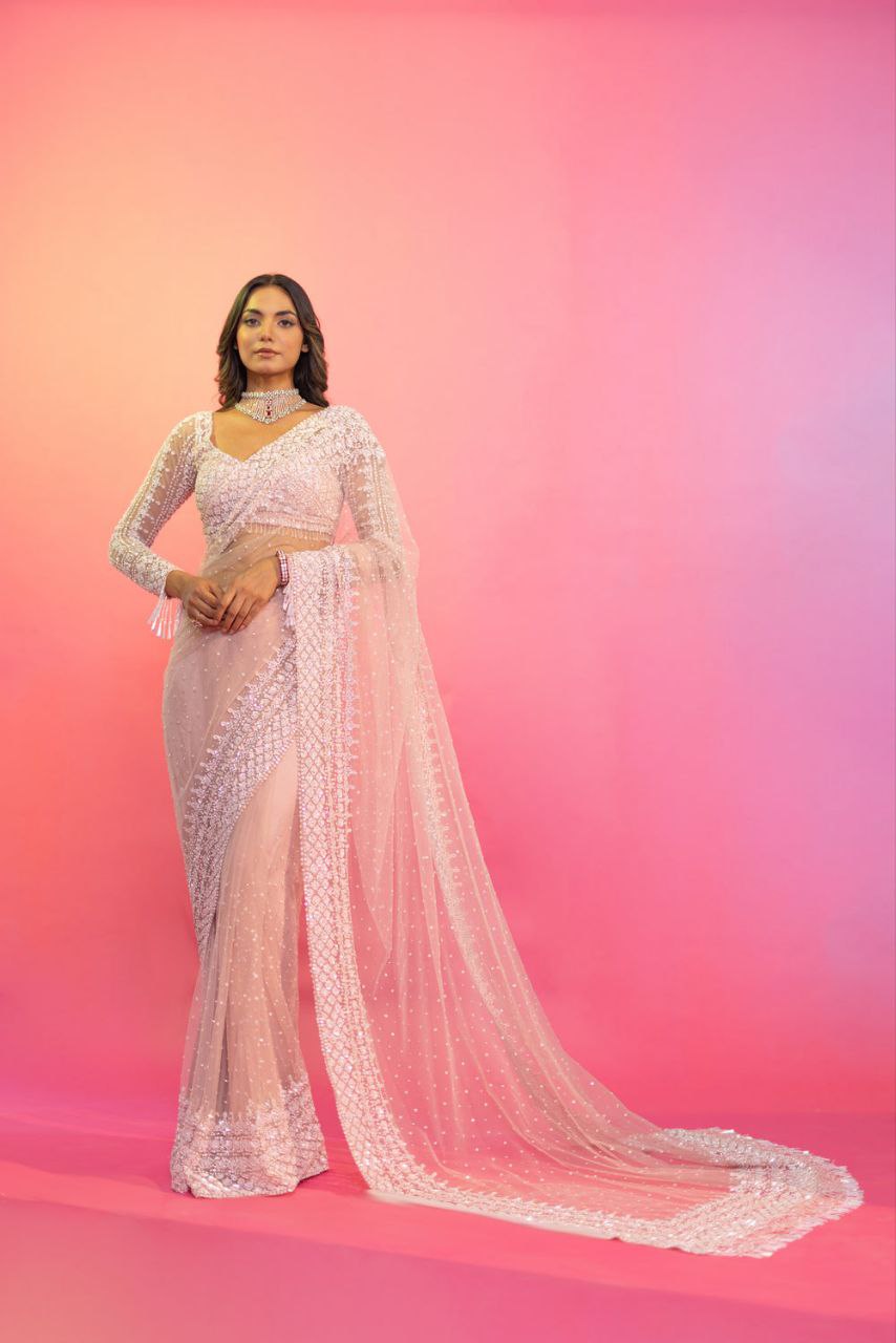 Pink Soft Net Sequence Work Saree With Blouse