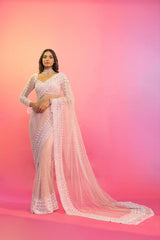 Pink Soft Net Sequence Work Saree With Blouse