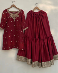 Exclusive Red Chinon Silk Embroidery Work Gharara Suit With Dupatta