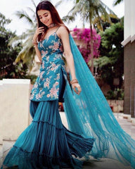 Designer Teal Blue Soft Georgette Embroidery Work Gharara Suit With Dupatta