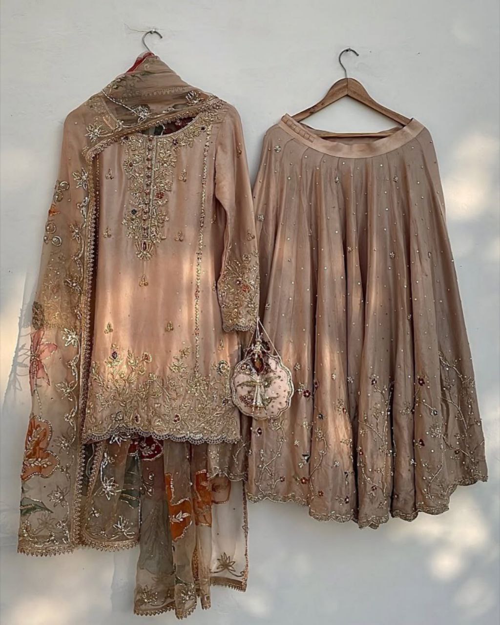 Exclusive Sand Beige Chinon Silk Embroidery Work Sharara Suit With Dupatta