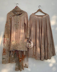 Exclusive Sand Beige Chinon Silk Embroidery Work Sharara Suit With Dupatta